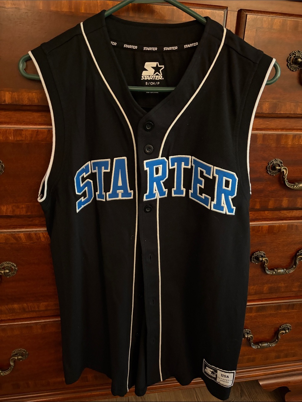 STARTER Black Sleeveless Jersey with Blue and White Trim